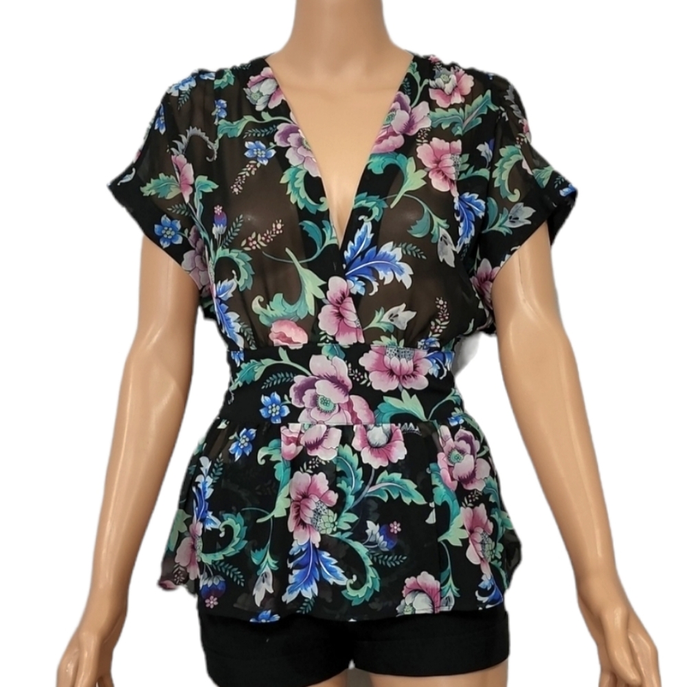 Express Black Floral Tie‎ Back Kimono Sheer Blouse Ruffle Trim  Size SP